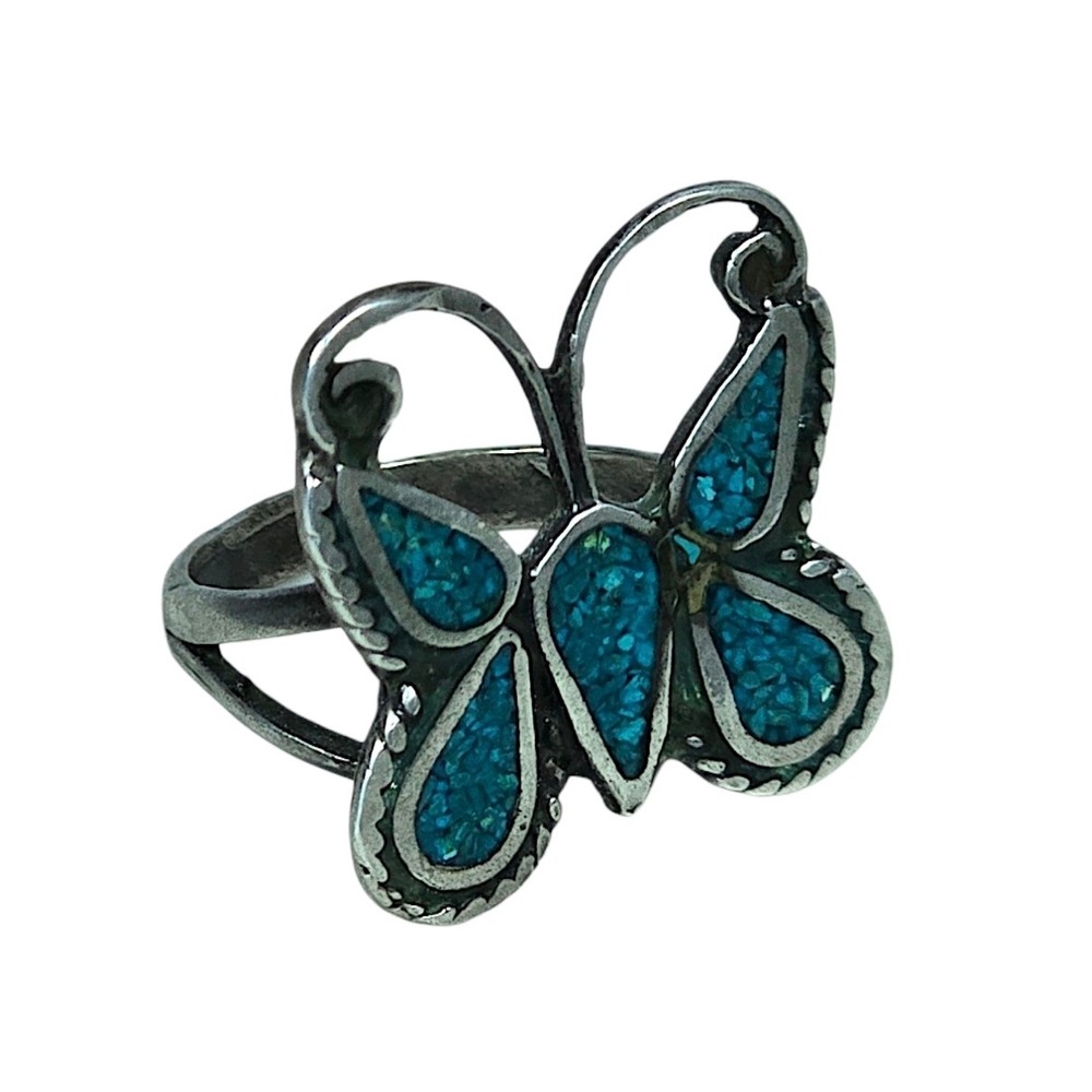 Southwestern Butterfly Ring Crushed Turquoise Inlay SilverTone Split Shank 6.5